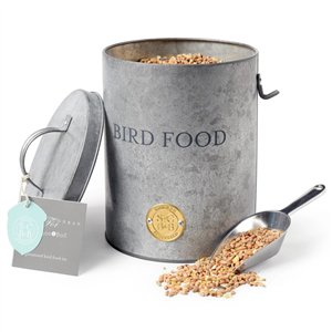 Galvanized bird food tin
